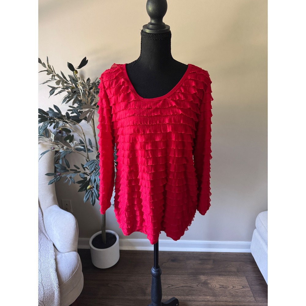 Travel Elements Red Tiered Ruffle Long Sleeve Scoop Neck Blouse Top Large NWT